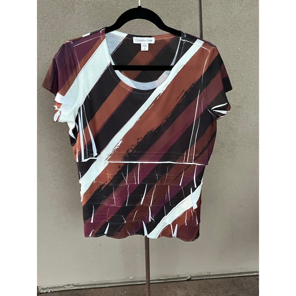 Coldwater Creek Womens M 10-12 Tiered Ruffle Front Striped Short Sleeve Top